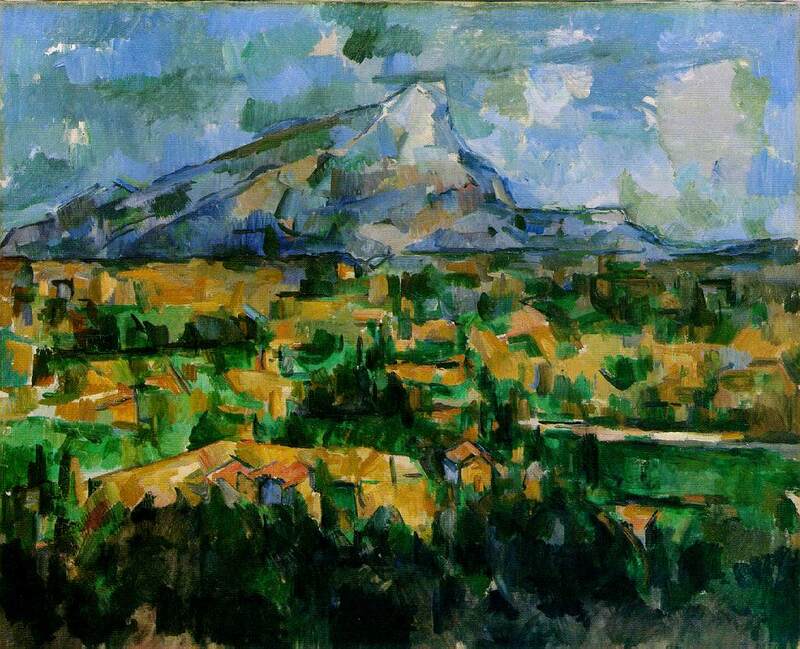 Paul Cezanne - Mont Sainte-Victoire (1902-1904) : museum

den Modernistiske konstnären Cézanne. Han målade otaliga målningar av ett berg i närheten av där han bodde som heter La Mont Sainte-Victoire. Han arbetar med komplementfärger. De varma färgerna är gul med dragning mot ockra och orange och de kallare färgerna är grönt och blått. I princip är bakgrunden blåare och mörkare än mittenpartiet som ligger mer i förgrunden. Men på berget ligger några ljusa färgfält som om solen kommer till på vissa ställen. I himlen som är nästan övervägande blå, finns också några stänk av den ljusa varmare färgen. I det gul orangea fältet dyker den blågröna färgen upp som skuggor eller detaljer av buskar eller variationer i marken. Allra längst fram är det blått och grönt igen och jag som betraktare tolkar detta som om den närmaste förgrunden ligger i skugga. Det vanliga är att förgrunden målas med varmare färger som drar föremålet fram i bilden och bakgrunden i kallare färger som drar bakgrunden ännu längre bak, för att skapa djup i bilden. Men solglimtar och skuggor, som konstnären har sett i verkligheten är också med och skapar en spännande komposition av dessa (ganska få) färger. Det förekommer en rödbrun färg också lite här och där i landskapet och så även på taket på det lilla huset som ligger ganska långt fram i bilden. Cézanne komponerar sin bild med geometriska färgfält som betraktaren läser ihop till en bild av ett landskap. Han ritar inte hus och buskar med stor noggrannhet, han snarare ger betraktaren små delar av tak, hus, buskar, träd, fält, berg och himmel. Hans huvudsakliga fokus ligger på att skapa en så behaglig komposition som möjligt av bilden i tavelplanet (samtidigt som han realiserar en rumslig bild). 